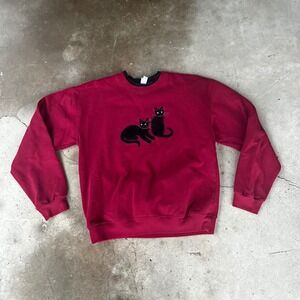 Endless Designs Sweatshirt Women Medium Red Black Cat Applique Studded